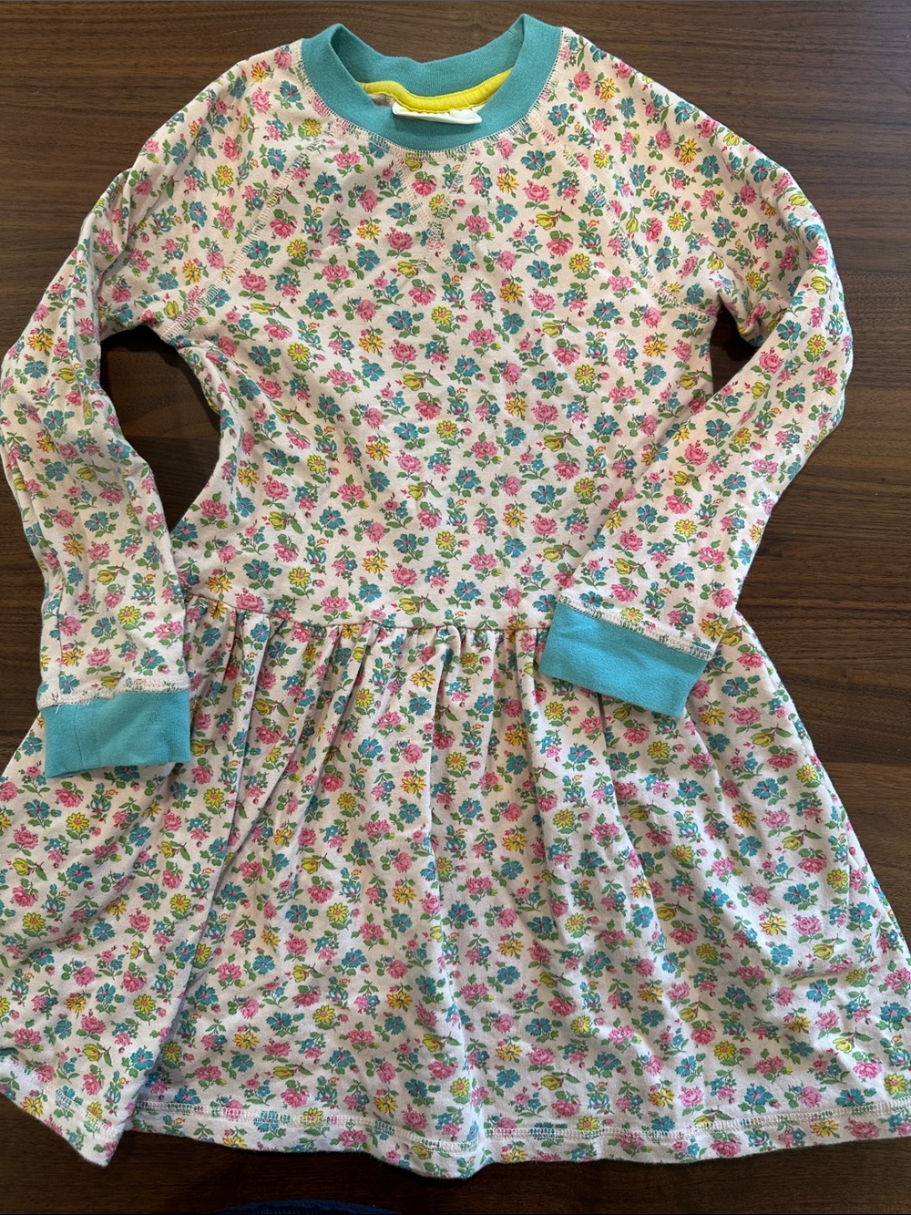 Mini Boden Floral Long-Sleeve Cotton Dress with Turquoise Trim